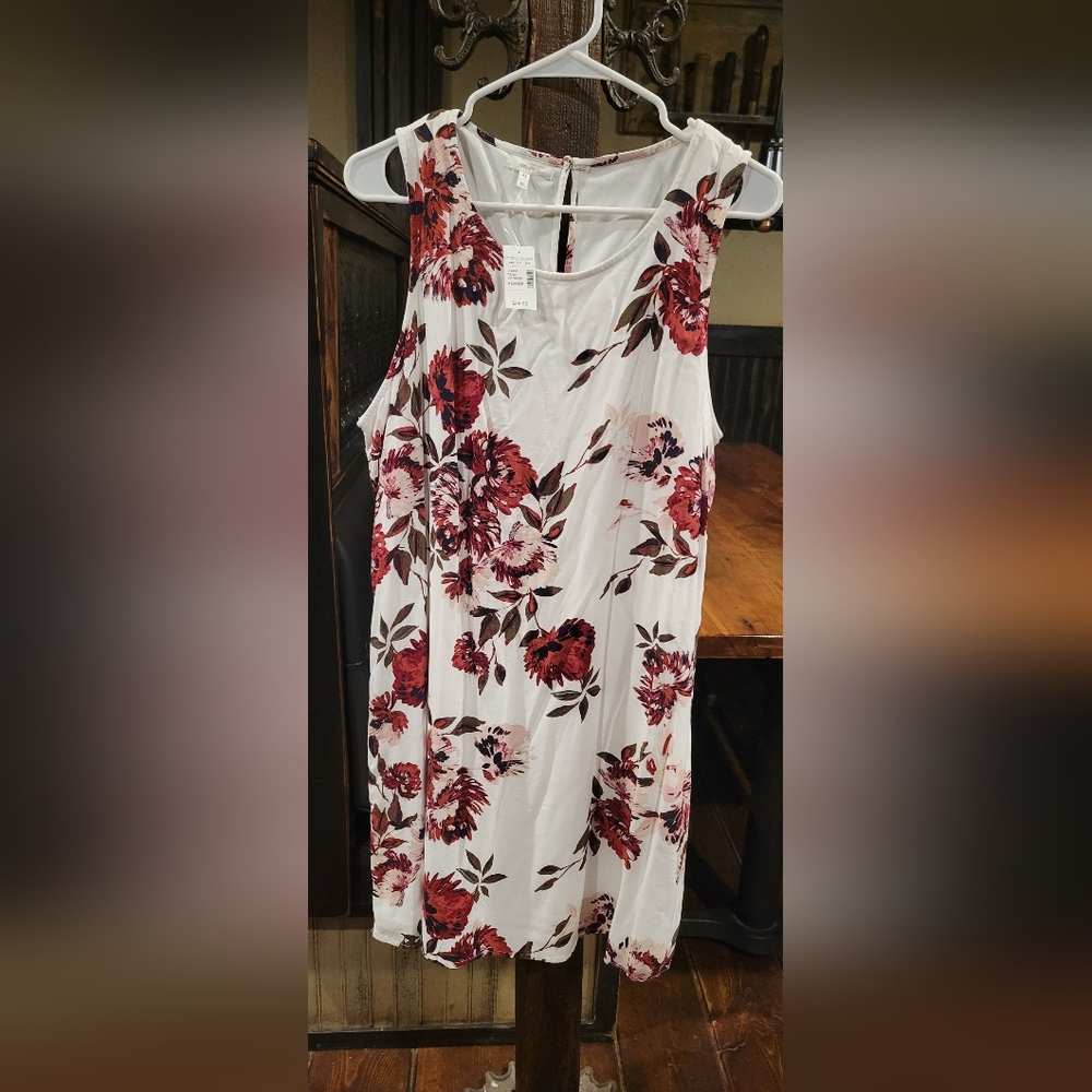 Maurices White Floral Sleeveless Shift Dress with Red Blooms